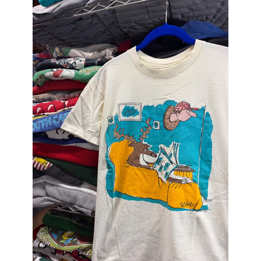 Vintage 1989 Gene Myers Deer Hunting Cartoon T Shirt Single Stitch Cream Mens S